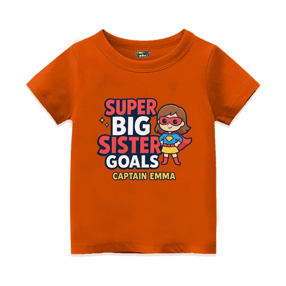 Orange t-shirt,  superhero design printed with "Super Big Sister Goals" and Captain text