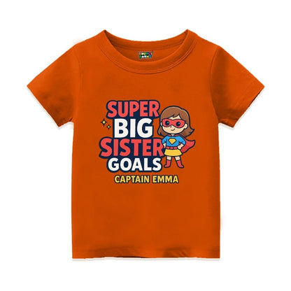 Orange t-shirt,  superhero design printed with "Super Big Sister Goals" and Captain text