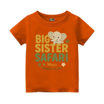 Orange t-shirt with 'Big Sister Safari' text and elephant graphic