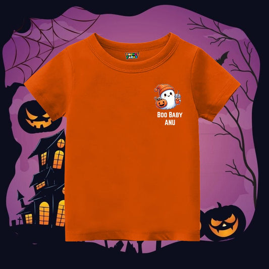 Orange t-shirt with 'Boo Baby' Halloween-themed design  
