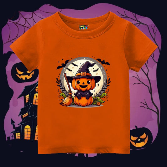Orange t-shirt with Halloween-themed design 