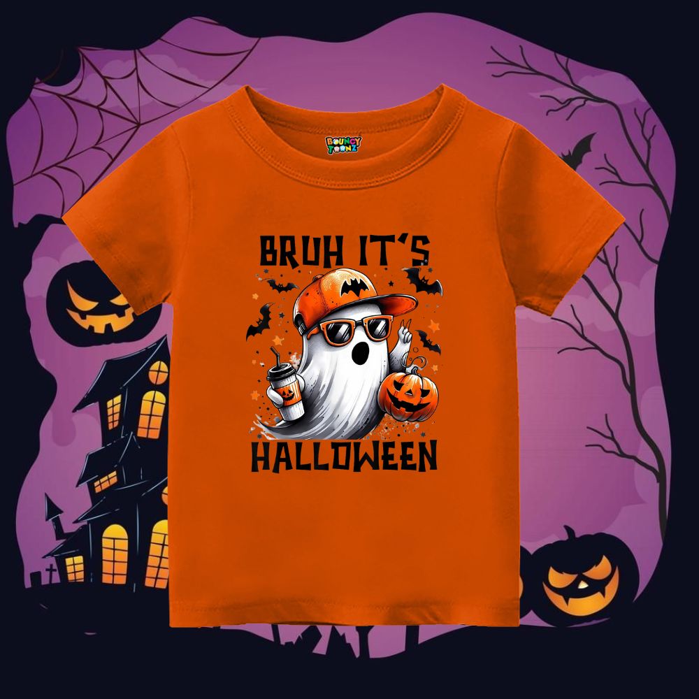 Orange t-shirt with Halloween-themed design featuring a ghost, pumpkins, and text