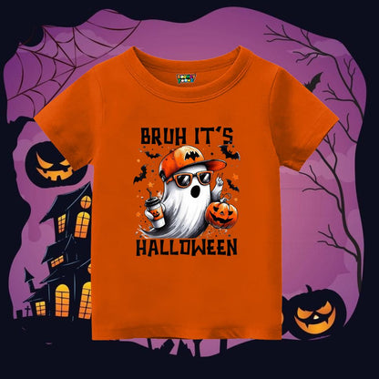 Orange t-shirt with Halloween-themed design featuring a ghost, pumpkins, and text
