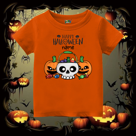 Orange t-shirt with Halloween design featuring pumpkins and a skull with Candy
