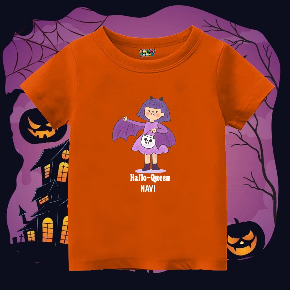 Orange t-shirt with a Halloween-themed design with 'Hallo-Queen' text