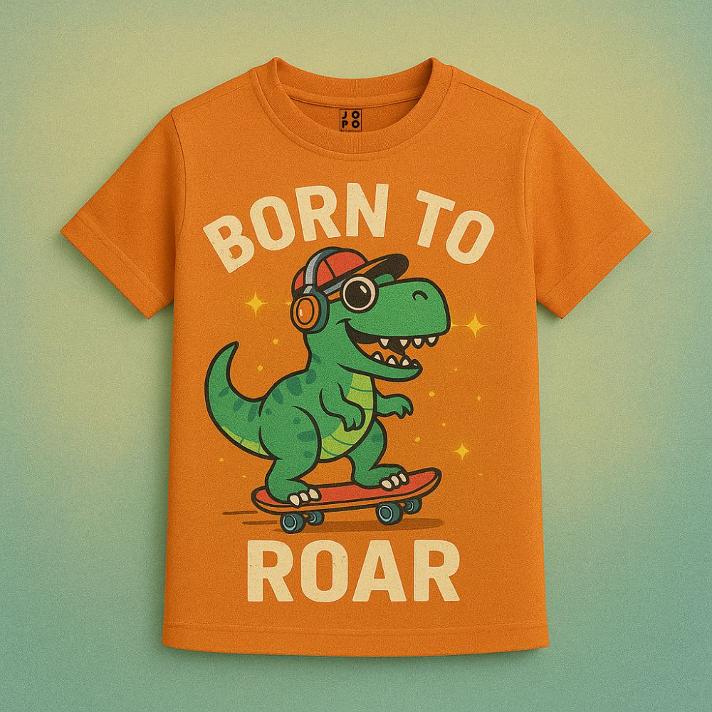 Orange t-shirt with a dinosaur graphic and text 'Born to Roar' Kids Jersey