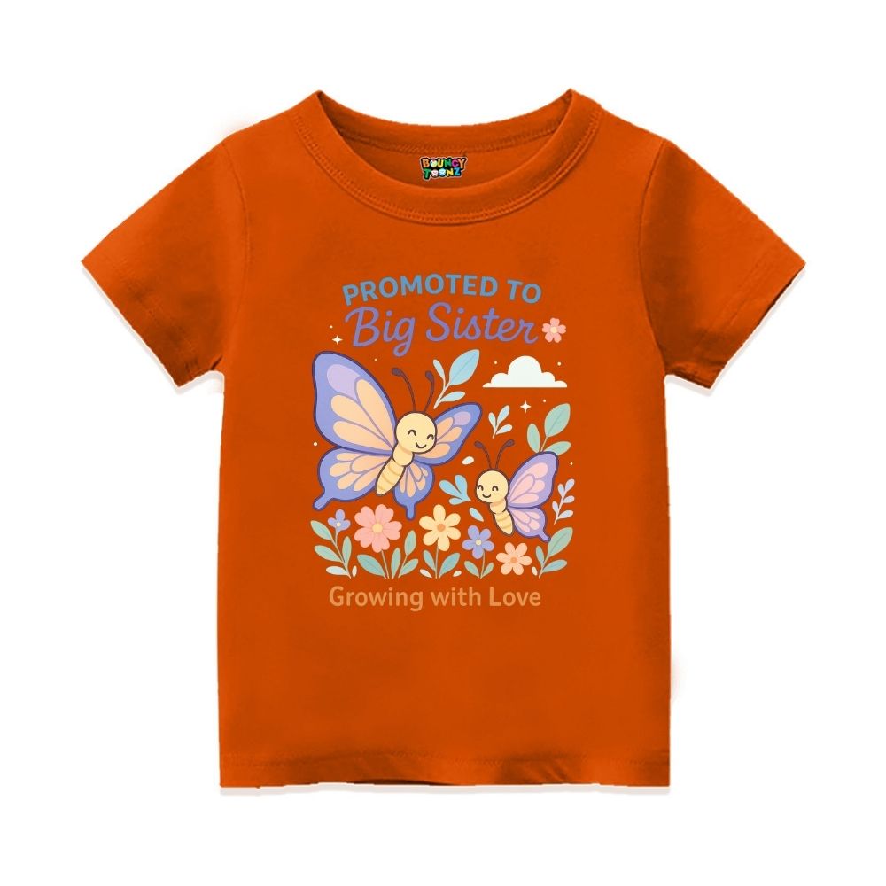 Orange t-shirt with butterfly design and text 'Promoted to Big Sister Growing with Love'