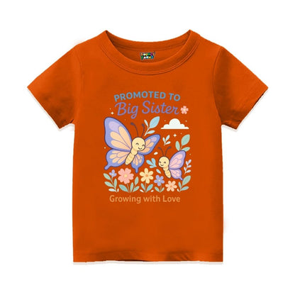 Orange t-shirt with butterfly design and text 'Promoted to Big Sister Growing with Love'