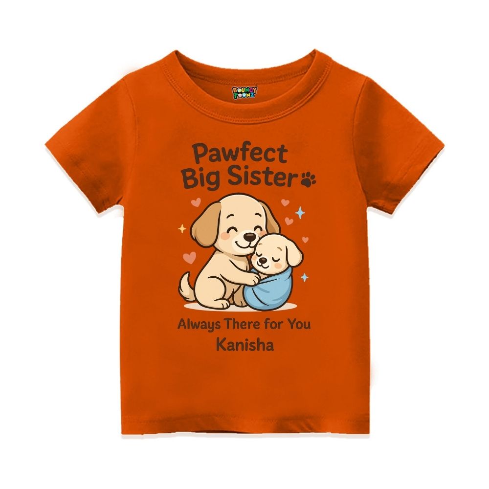 Orange t-shirt with cartoon dogs and text 'Pawfect Big Sister' Always there for you