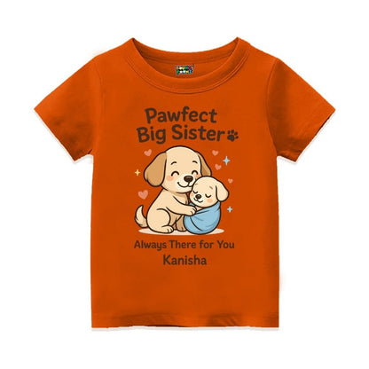 Orange t-shirt with cartoon dogs and text 'Pawfect Big Sister' Always there for you