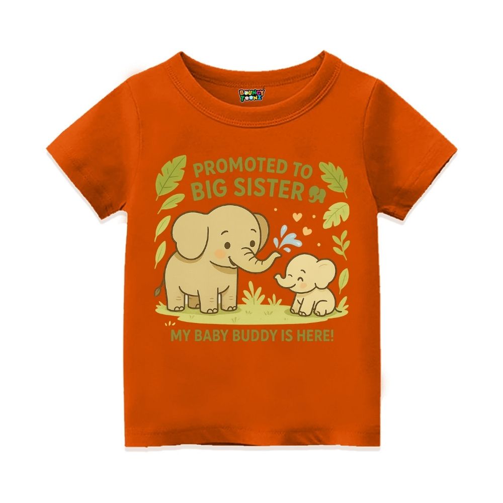 Orange t-shirt with elephant design and text 'Promoted to Big Sister' with My Baby Buddy is Here!