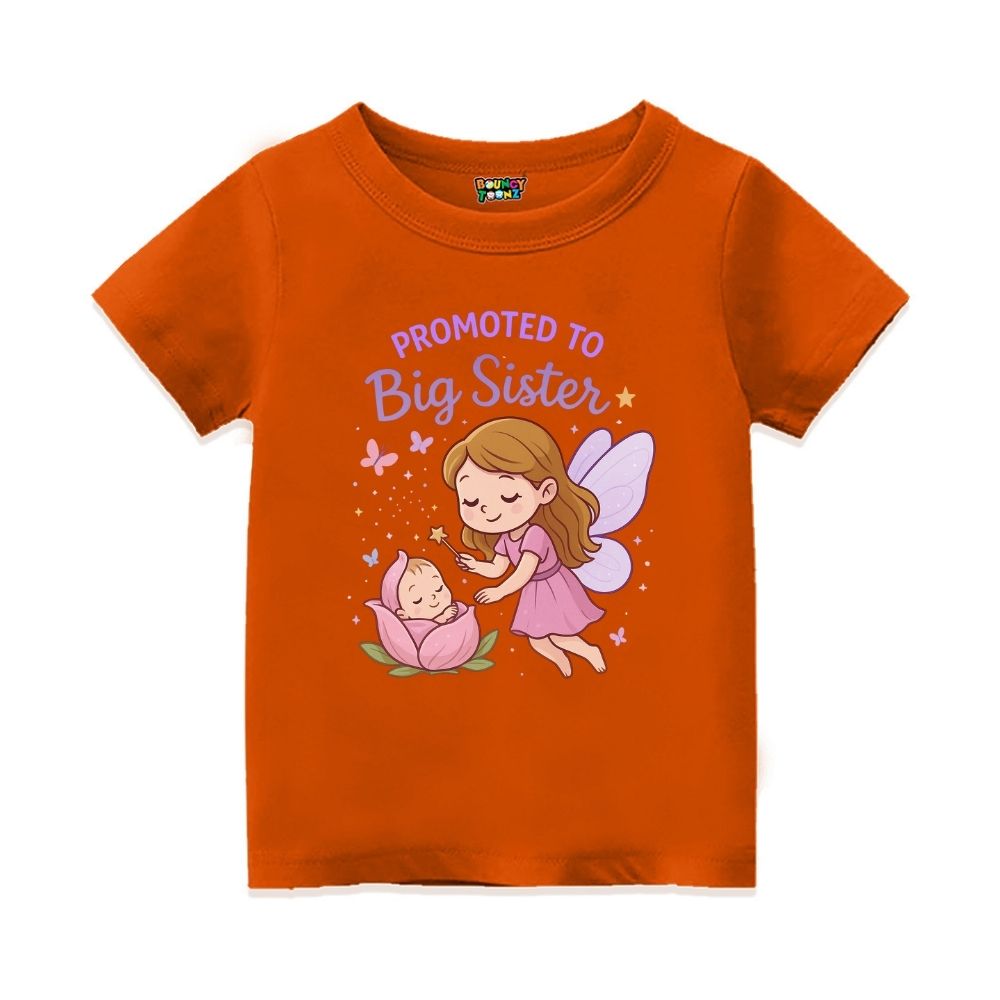 Orange t-shirt with fairy and baby graphic and 'Promoted to Big Sister' text 