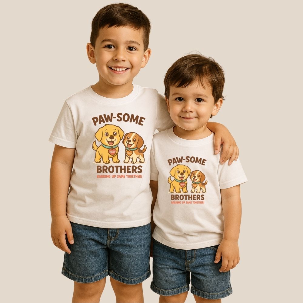 Celebrate Rakshabandhan 2025 with ‘PAW-SOME BROTHERS’ puppy-themed matching T-shirts – the cutest Rakhi gift for fun-loving little brothers!