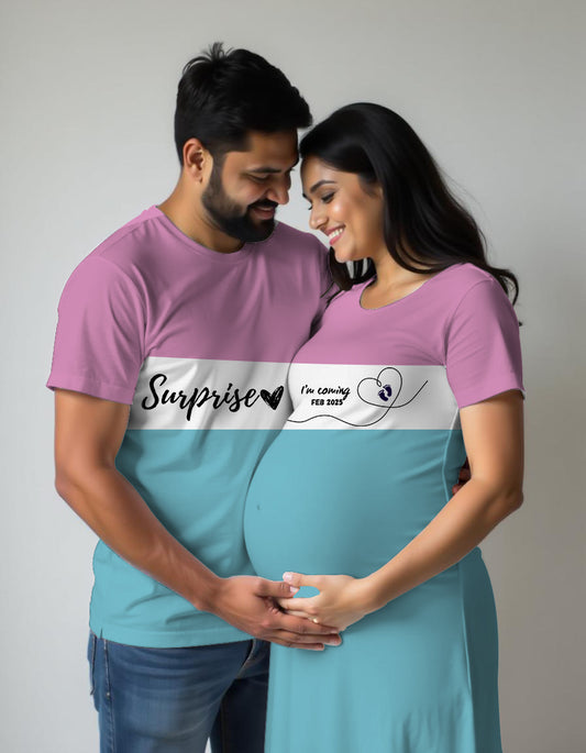 Pink-White-Aquablue Colour Block Matching Maternity Tshirt Dress for Woman and Tshirt for Man with Surprise Print