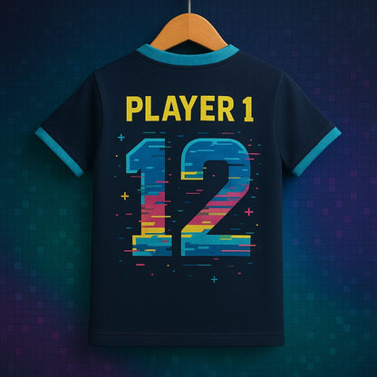  'PLAYER 1' and colorful number '12' Back Print Kids Jersey
