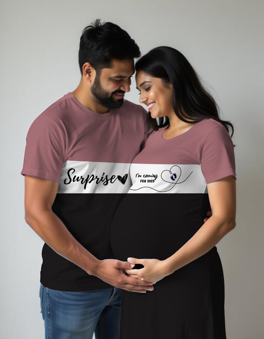 Plum-White-Black Colour Block Matching Maternity Tshirt Dress for Woman and Tshirt for Man with Surprise Text Print