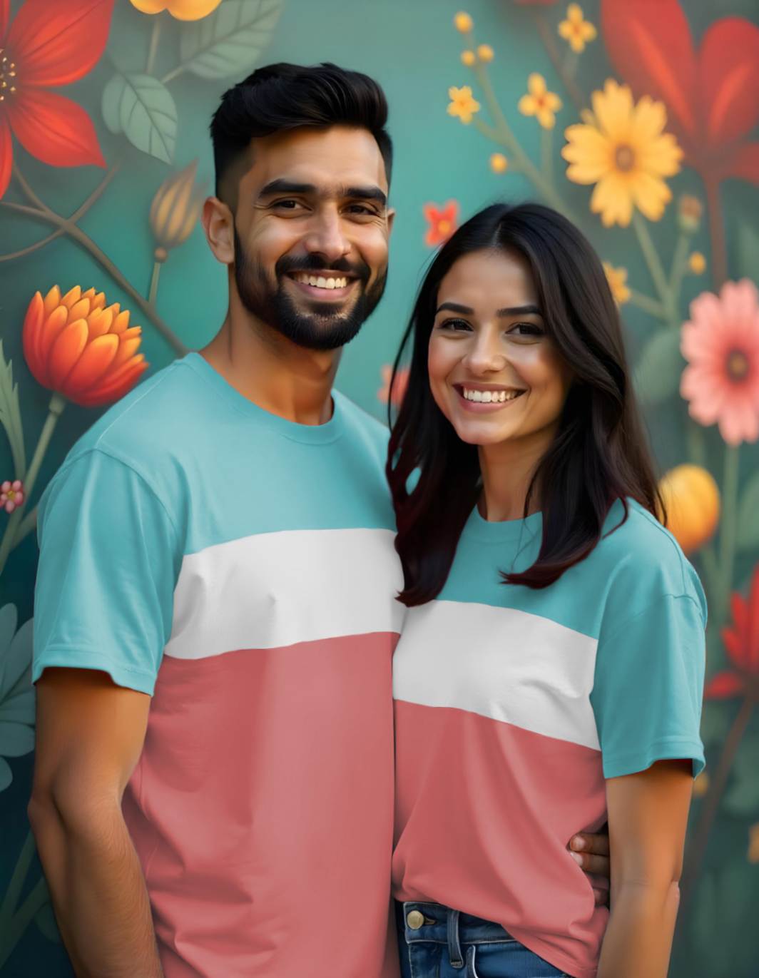 Couple Matching color block tees in pastel blue, white, and pink 
