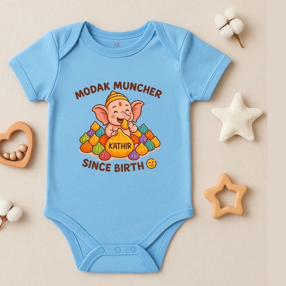 Pastel Blue baby onesie with a cartoon character for Vinayagar Chathurthi Celebration