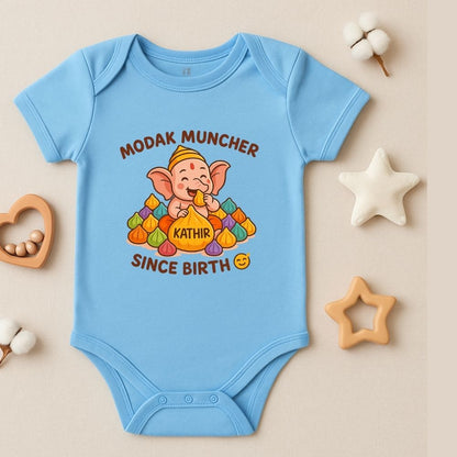 Pastel Blue baby onesie with a cartoon character for Vinayagar Chathurthi Celebration