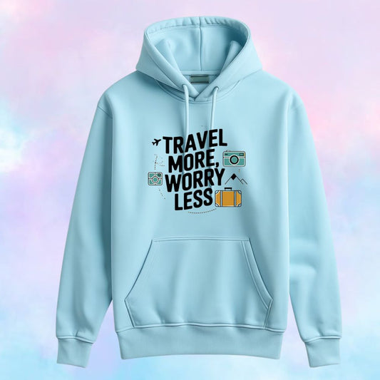 Pastel blue Kids hoodie with 'Travel More, Worry Less' text 