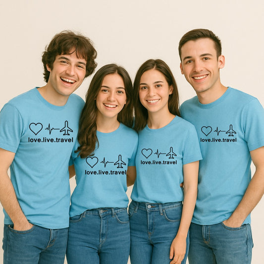 Pastelblue Group t-shirts with a Love Live Travel Print