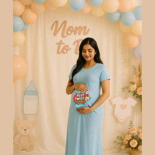 Pastelblue Maternity Dress, Plot Twist Coming Soon Text 