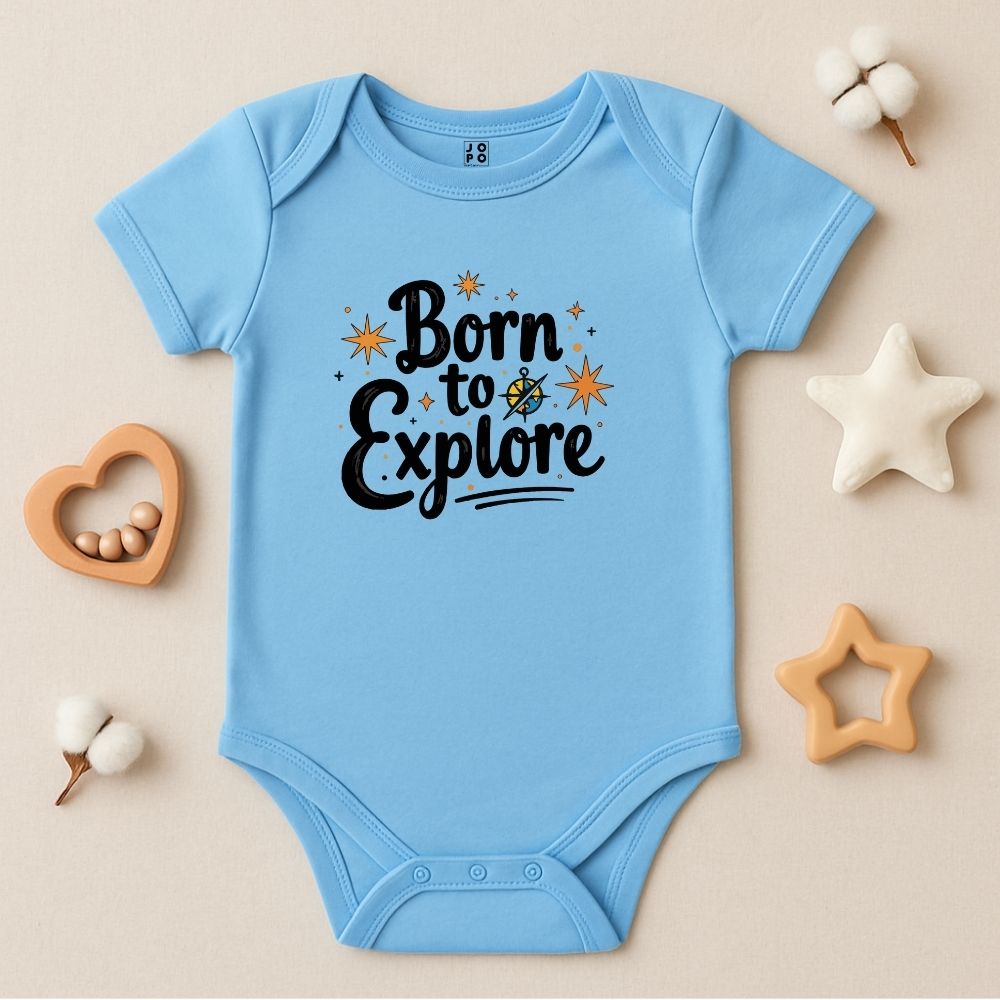 Pastelblue baby onesie with 'Born to Explore' text 