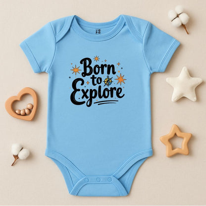Pastelblue baby onesie with 'Born to Explore' text 