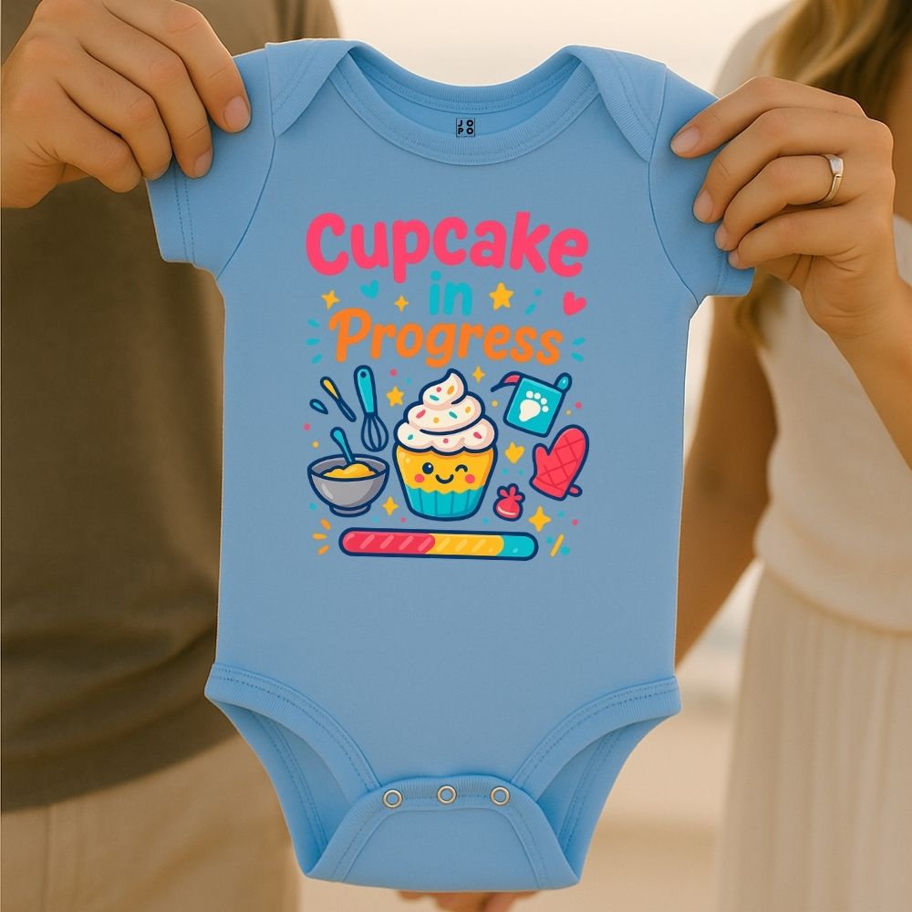 Pastelblue baby onesie with 'Cupcake in Progress' text and cartoon-style cupcake design with loading bar graphic