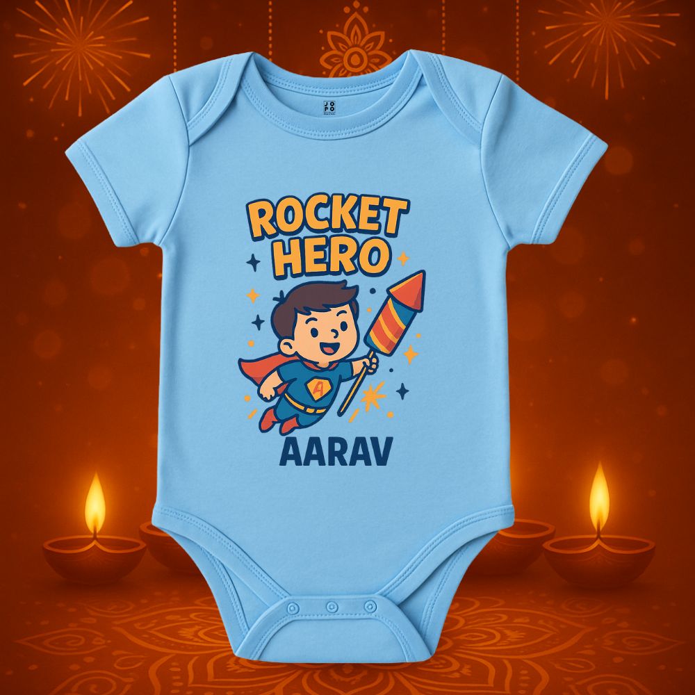 Pastelblue baby onesie with 'Rocket Hero' design 