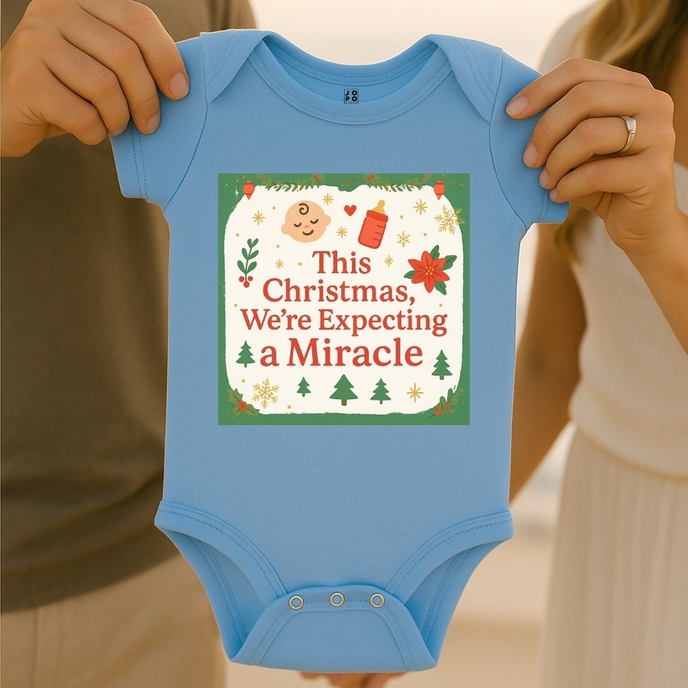 Pastelblue baby onesie with "Thsi Christmas, We're Expecting a Miracle" text and feeding bottle and baby graphic design.