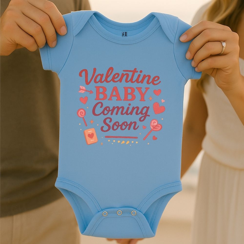 Pastelblue baby onesie with 'Valentine Baby Coming Soon' text 