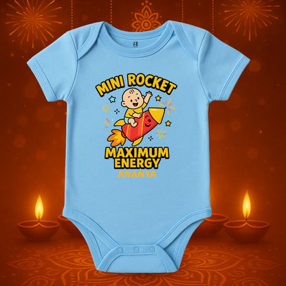 Pastelblue baby onesie with a rocket design and text 