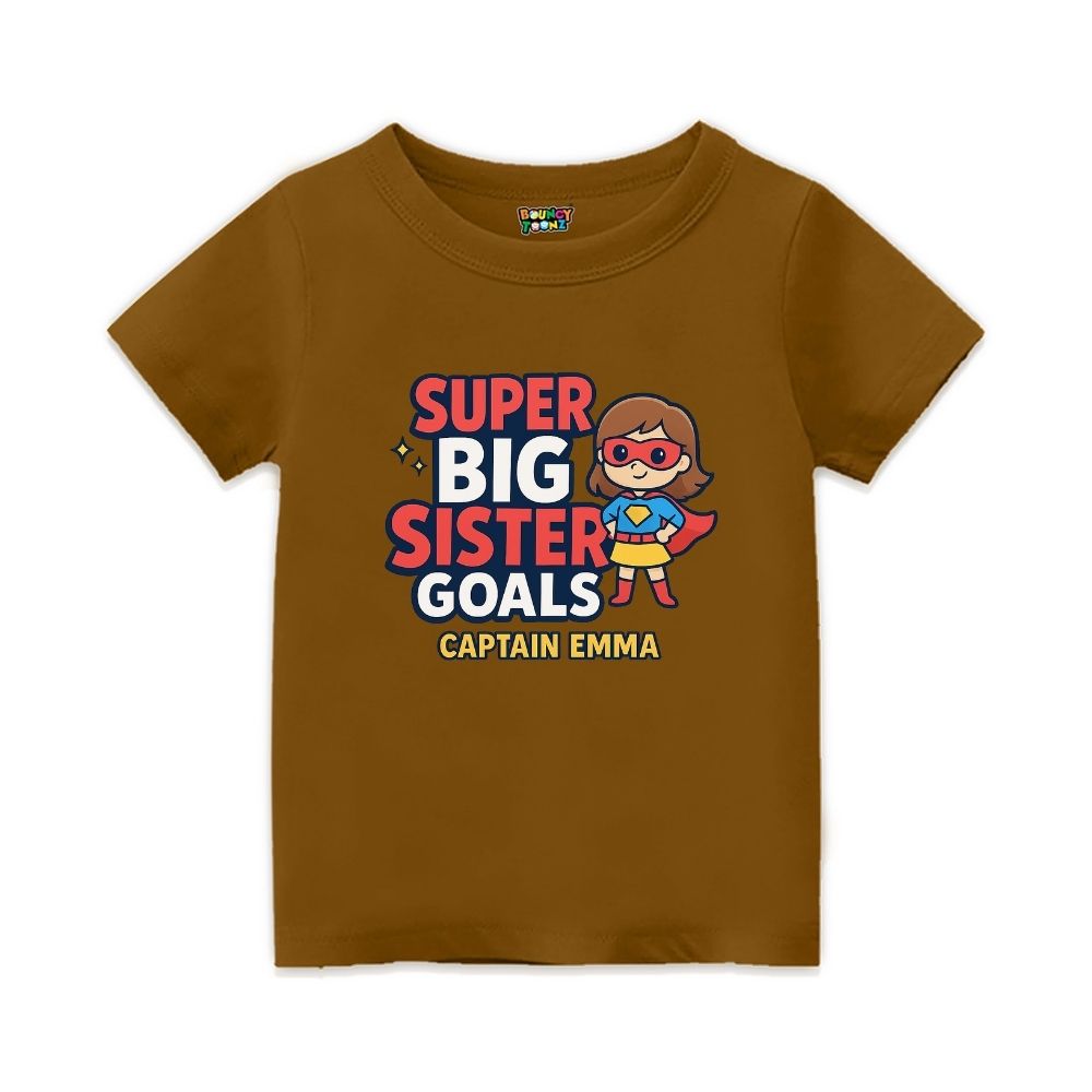 Peanutbrown t-shirt,  superhero design printed with "Super Big Sister Goals" and Captain text