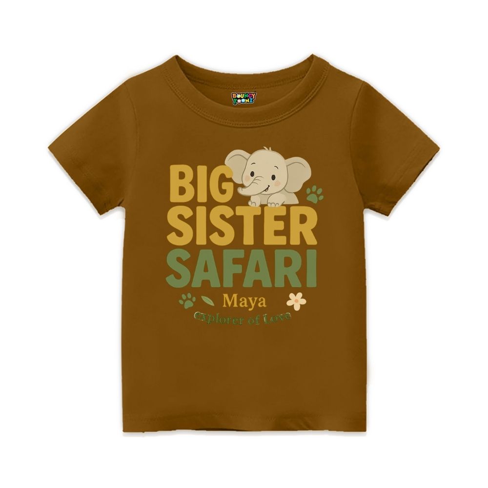 Peanutbrown t-shirt with 'Big Sister Safari' text and elephant graphic
