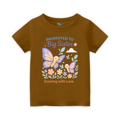 Peanutbrown t-shirt with butterfly design and text 'Promoted to Big Sister Growing with Love' 