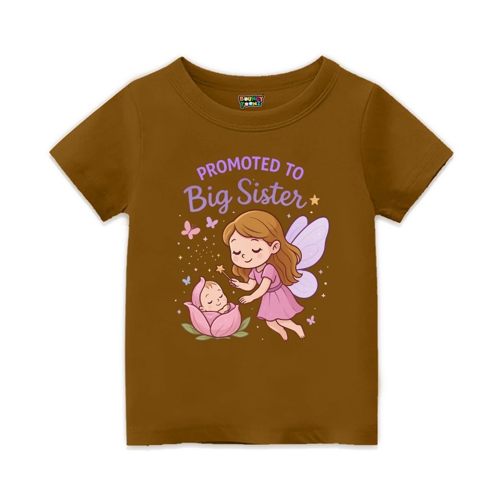 Peanutbrown t-shirt with fairy and baby graphic and 'Promoted to Big Sister' text 
