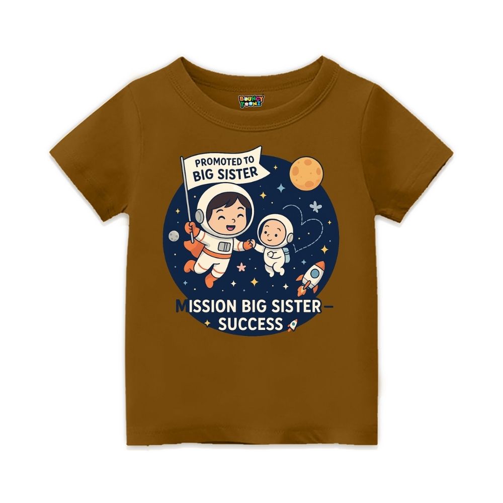 Peanutbrown t-shirt with space-themed design and text 'Promoted to Big Sister' 