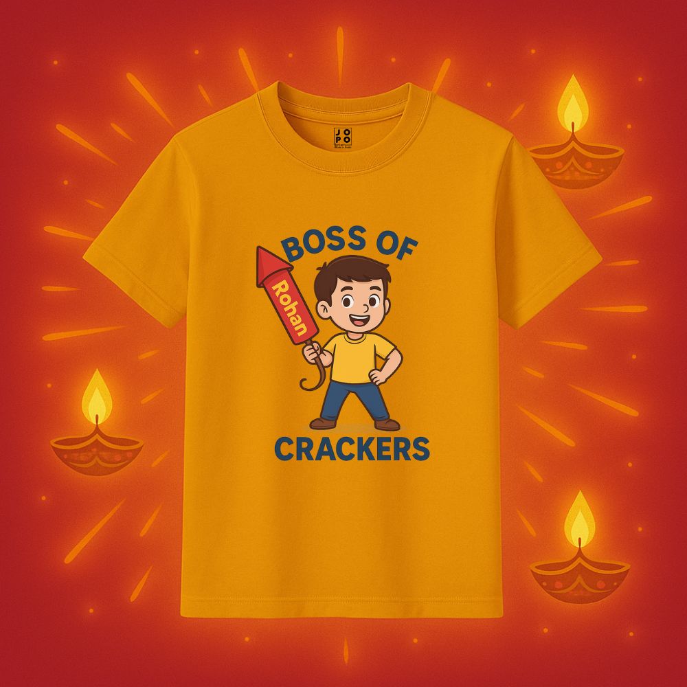 Personalised Kids t-shirt with boy with rocket cartoon design Mustard