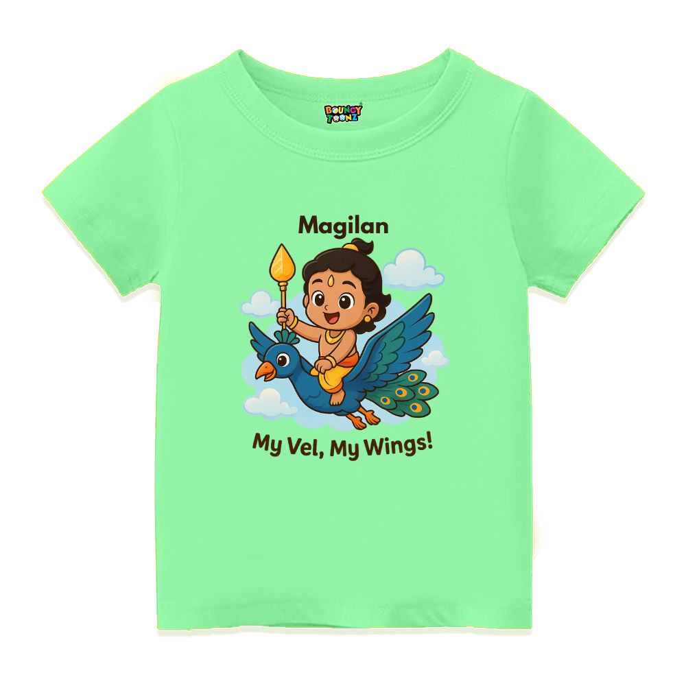 Personalised Mintgreen t-shirt, Balamurugan, peacock cartoon design and 'My Vel, My Wings'! text 
