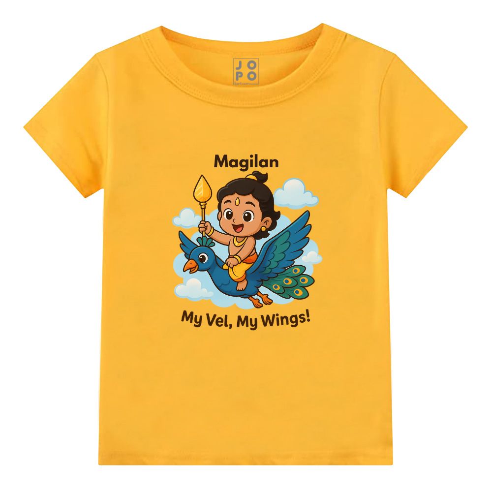 Personalised Mustard t-shirt, Balamurugan, peacock cartoon design and 'My Vel, My Wings'! text 