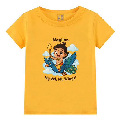 Personalised Mustard t-shirt, Balamurugan, peacock cartoon design and 'My Vel, My Wings'! text 