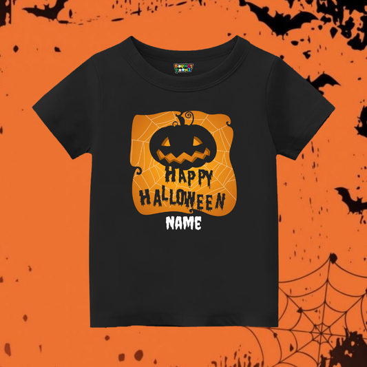 Personalised Name Print Happy Halloween Kids Tshirt Black