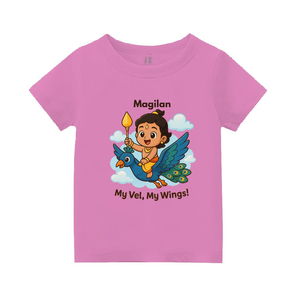 Personalised Pink t-shirt, Balamurugan, peacock cartoon design and 'My Vel, My Wings'! text 