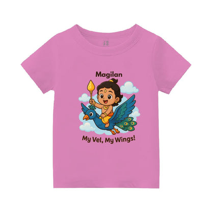 Personalised Pink t-shirt, Balamurugan, peacock cartoon design and 'My Vel, My Wings'! text 