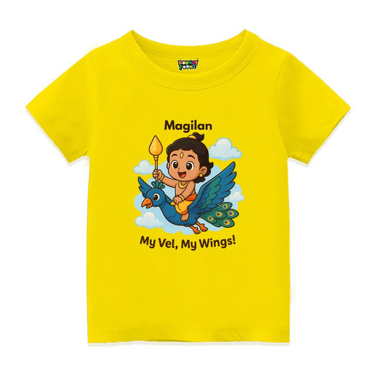 Personalised Yellow t-shirt, Balamurugan, peacock cartoon design and 'My Vel, My Wings! text 