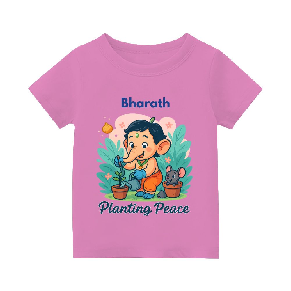 Pink Kids t-shirt with text 'Planting Peace' 