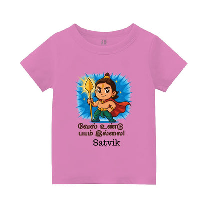 Pink Personalised t-shirt, Lord balamurugan with Superhero Cape design holding a spear and 'Vel Undu Bayam illai' text printed 