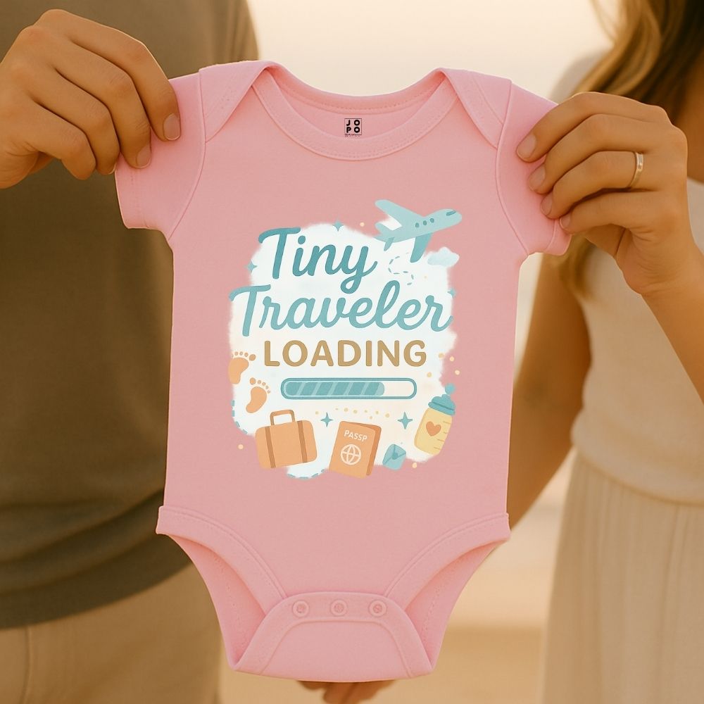 Pink baby onesie with 'Tiny Traveler Loading' text and travel-themed graphics 