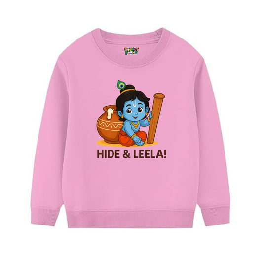Pink sweatshirt, Kutty Krishna and Butter Pot cartoon Design and text 'Hide & Leela!'